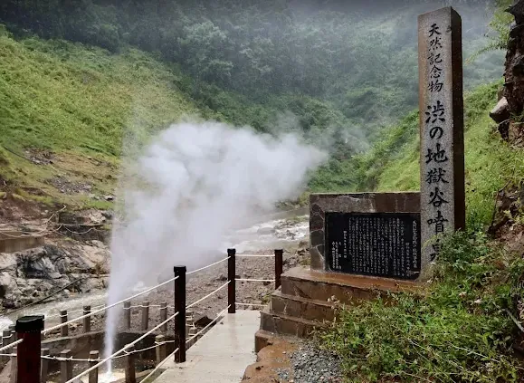 地獄谷温泉の噴泉から噴き出す蒸気と湯